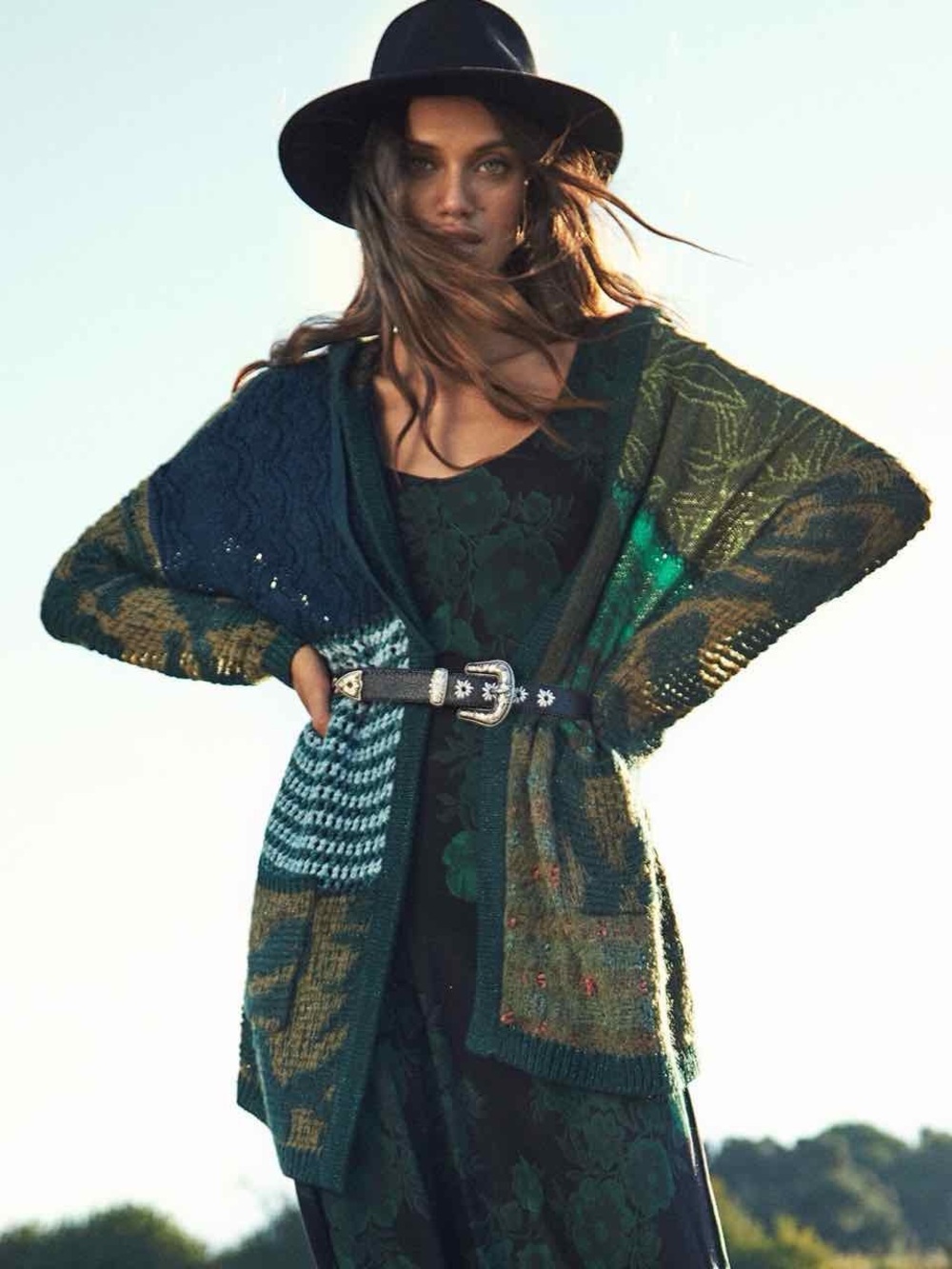 DESIGUAL Constanza Patchwork Hooded Long Cardigan Sweater Wool Mohair M